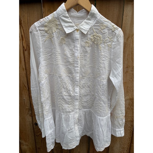 Johnny Was Tops - Johnny Was 3J Workshop White Embroidered Cotton Button Down Boho Shirt Womens L